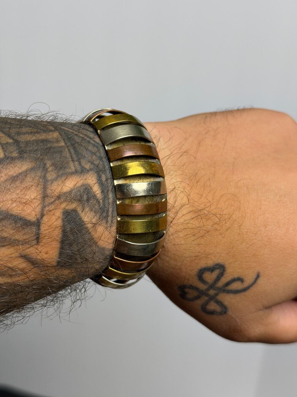 Vintage Modernist Tri Metal Cuff Bracelet Artisan Unisex 2.5”